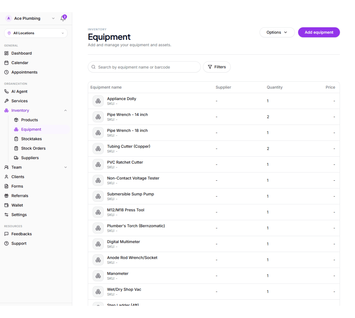Equipment Management Interface