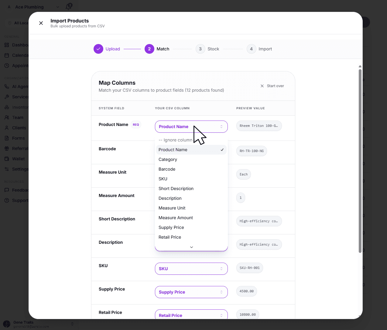 Match columns to map your fields